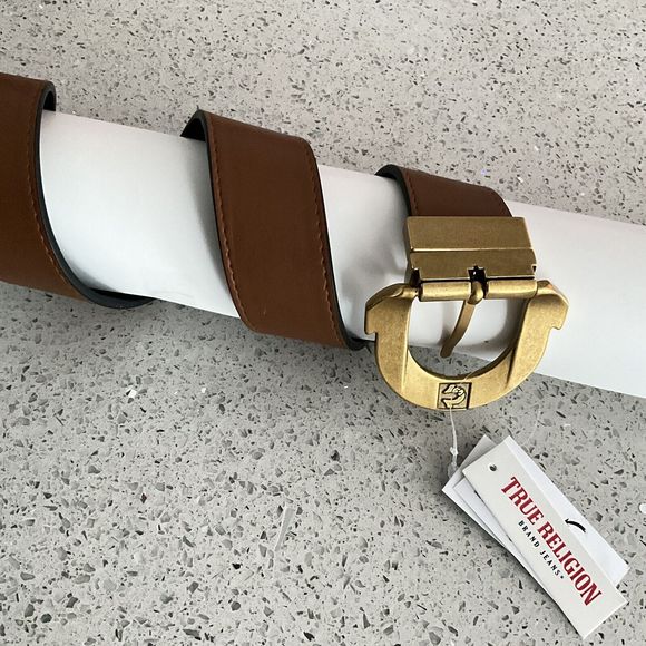 + True Religion Belt Black Brown Reversible Logo Imprint Gold-tone Horseshoe - Picture 5 of 9